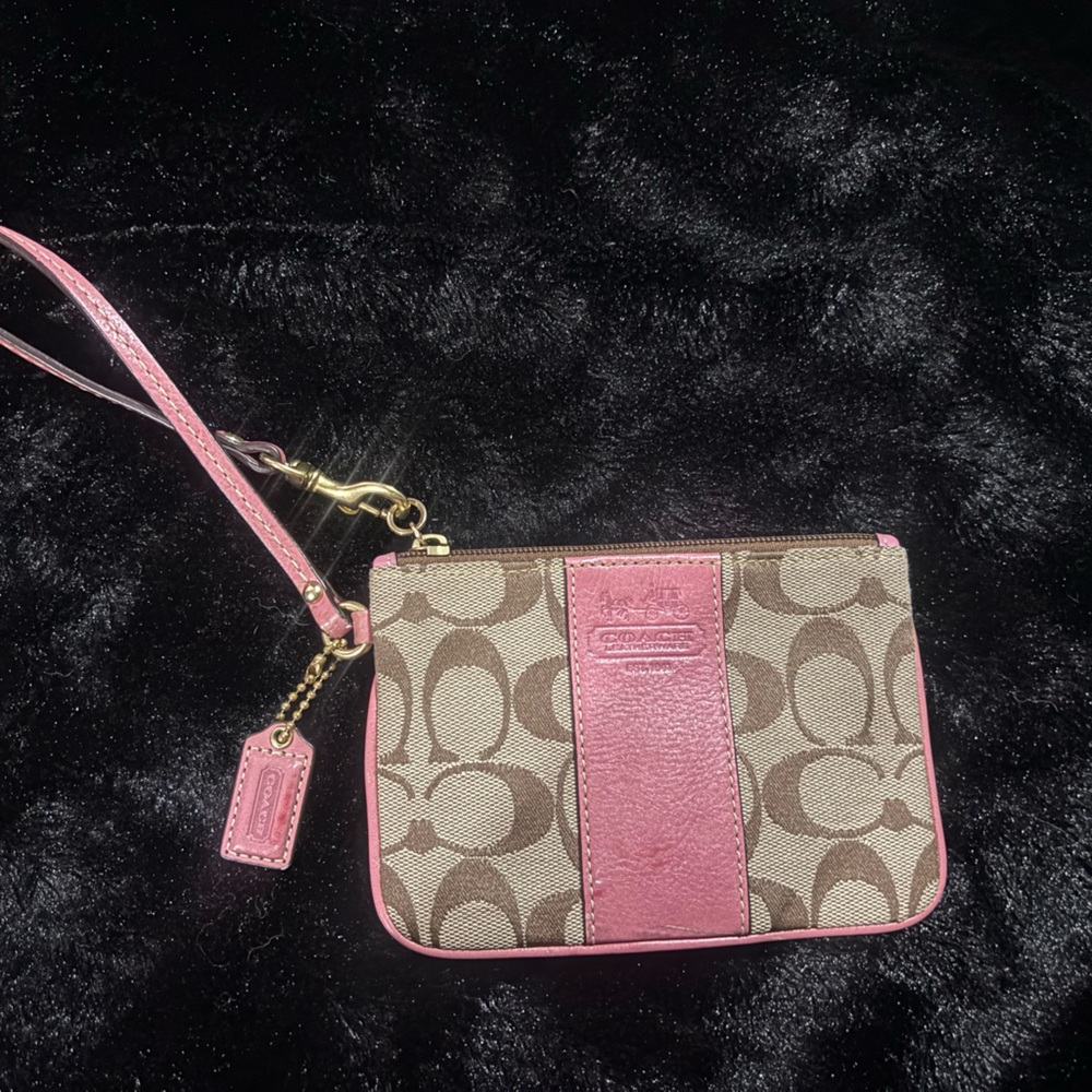 Coach Pink and khaki Signature Canvas Wristlet